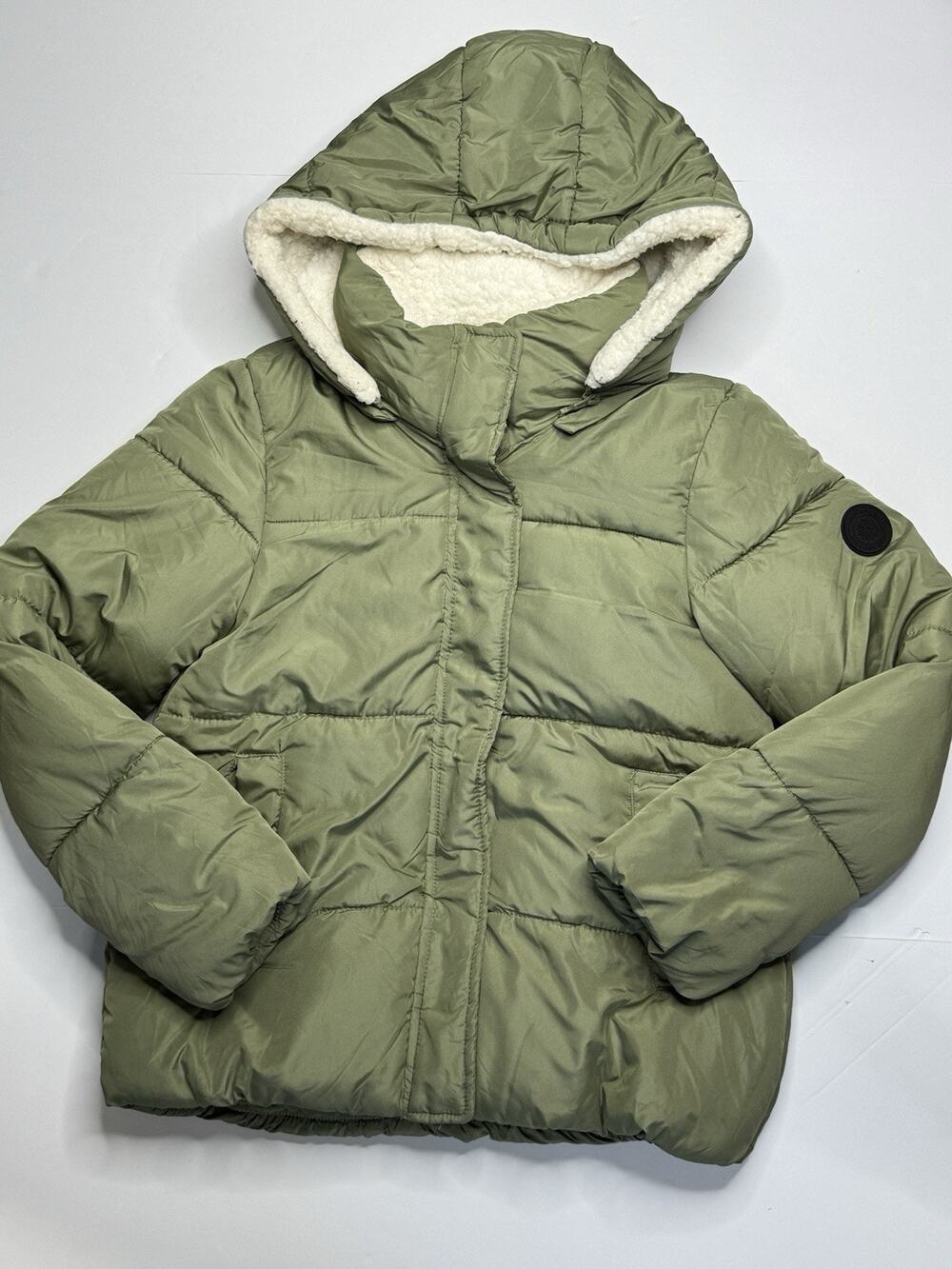 Madden Girl Womens S Olive Green Puffer Parka Sherpa Hood Zip Snap Coat